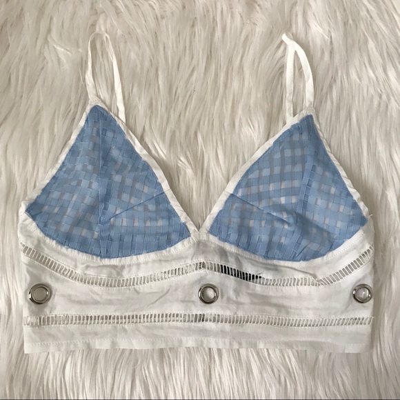 LF Other - White Blue Woven Eyelet Bralette w O Ring Detail